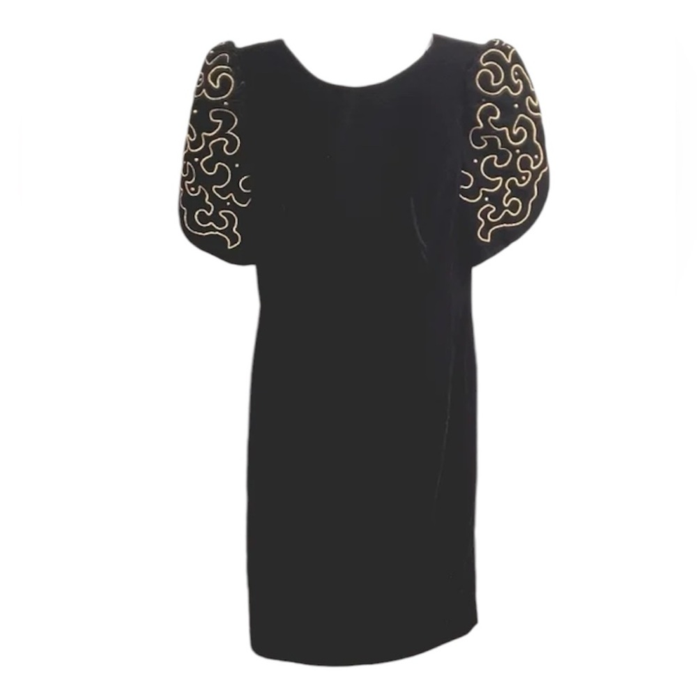 Michael Marcella black velvet dress puff sleeve gold embroidery s XL y2k  goth
